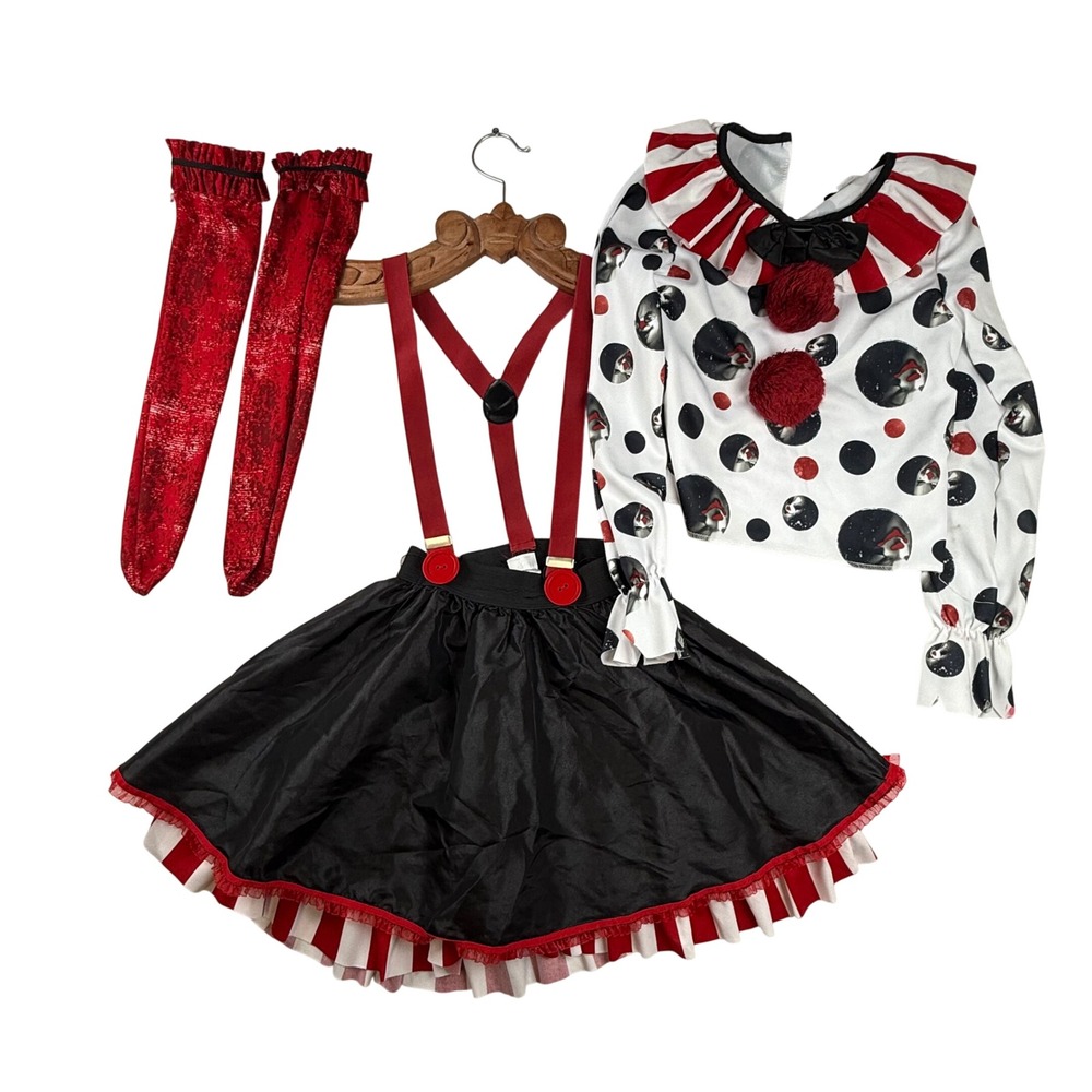 Spirit Halloween Creepy Clown Costume Set Womens Medium 4pc IT harlequin gothic